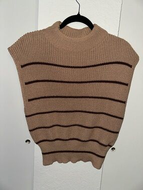 Cider Tan Knit Sleeveless Sweater with Dark Brown Stripes